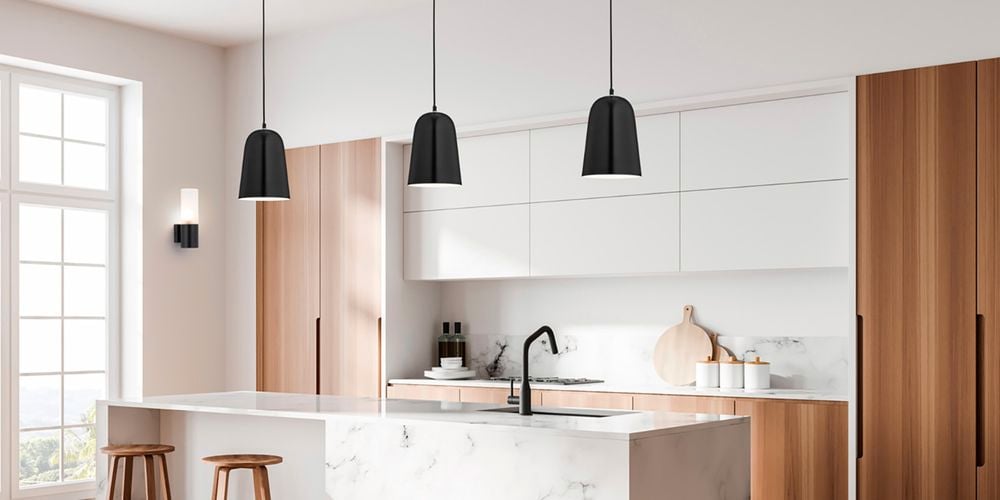 White and timber kitchen in shot with black lighting 