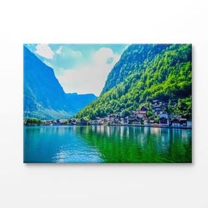 Hallstatt Village & Lake View Print 100% Australian Made 180x120cm (Stretched Canvas)