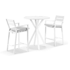 Houston Outdoor 90cm Round Aluminium Bar Table White With 2 Santorini Stools & Textured Olefin Grey Cushions