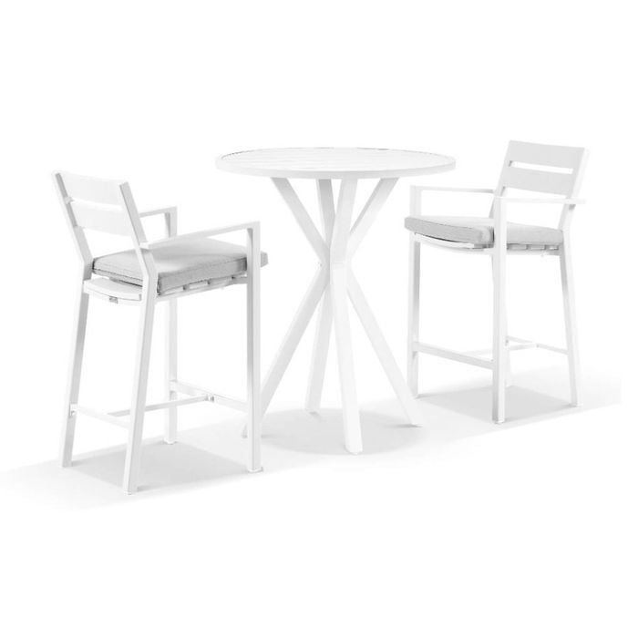 Houston Outdoor 90cm Round Aluminium Bar Table White With 2 Santorini Stools & Textured Olefin Grey Cushions