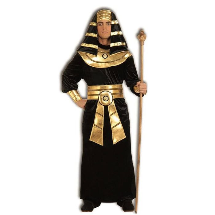 Egyptian Pharaoh Halloween Costume for Adults – Black Robe with Gold Collar, Belt and Headpiece, Black Colour, Standard