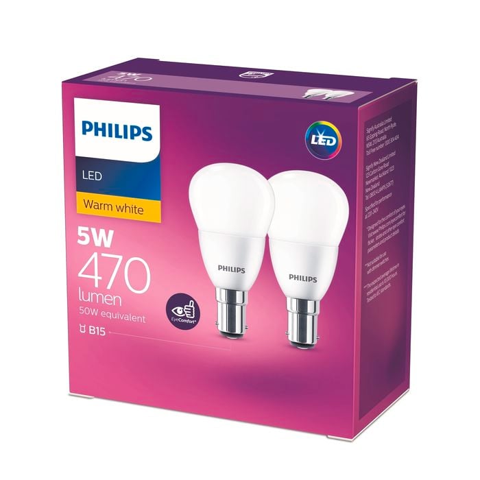 Philips 5W B15 Warm White Frosted LED Luster Globe - 2 Pack