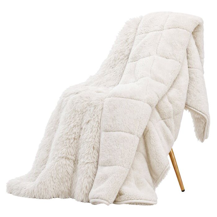Giselle Faux Fur Weighted Blanket 2 Sided Long Pile Sherpa Reverse Cream 9KG 152 x 203cm