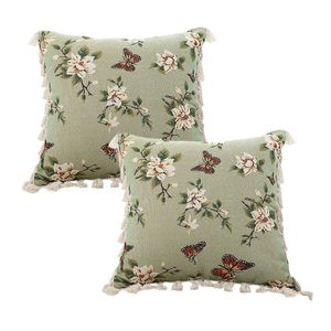 SOGA 2 Pack Matcha Green Vintage Butterfly Tassel Throw Pillow 45cm