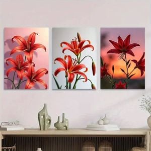 3pcs Red Lily Flower Triptych Vibrant Floral Print 100% Australian Made 3 x 40x60cm (Metal Print)