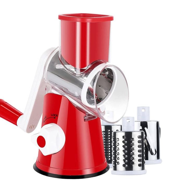 Catzon Rotary Food Grater With 3 Replaceable Blades Strong Suction Base-red