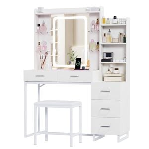 Advwin Dressing Table Set With Led Mirror & Rgb Glass Desktop, Charging Station, 5 Drawers White