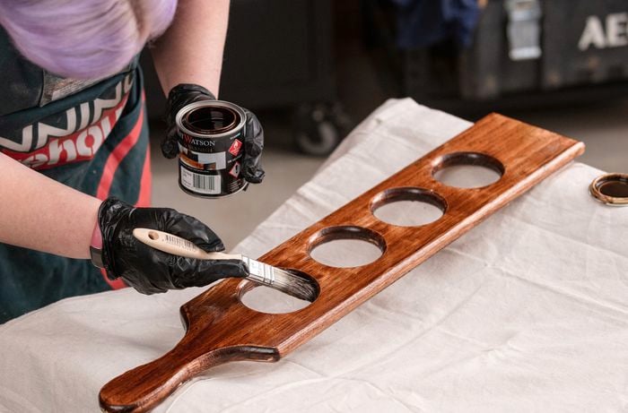 Staining hardwood paddle with timber stain