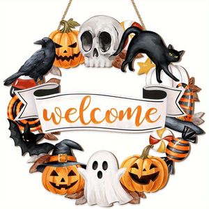 Lifebay Halloween Wooden Wreath Black Cat Pumpkin Skull Sign