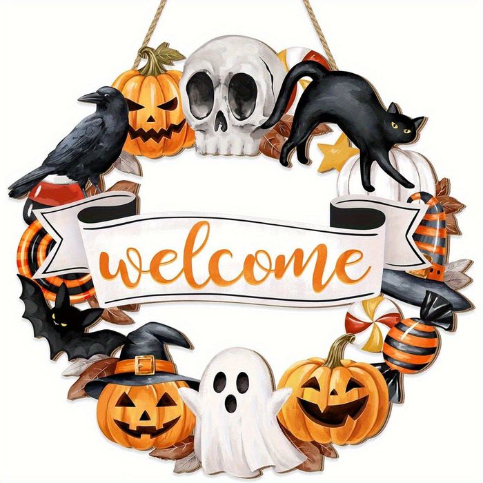 Lifebay Halloween Wooden Wreath Black Cat Pumpkin Skull Sign