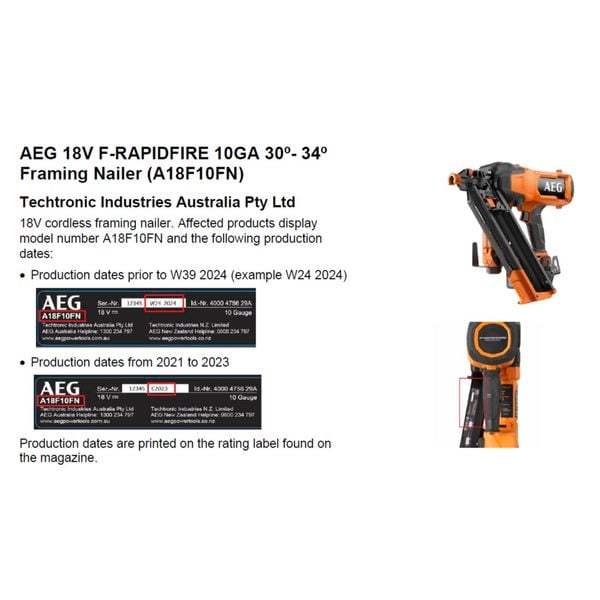 Product Recall AU - AEG Framing Nailer