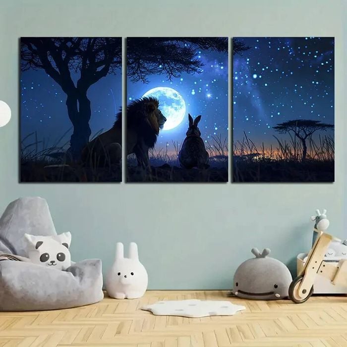 3pcs Lion & Rabbit Under Moonlit Sky Starry Night Print 100% Australian Made 3 x 40x60cm (Metal Print)