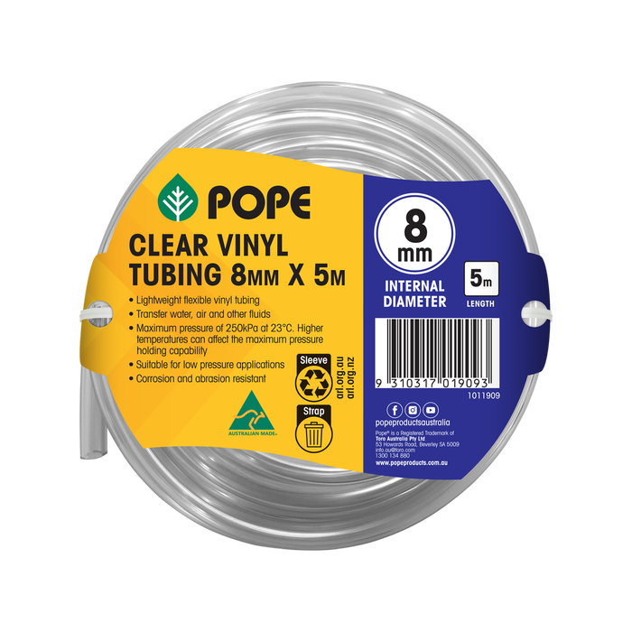 Pope 8mm x 5m Clear Vinyl Tubing