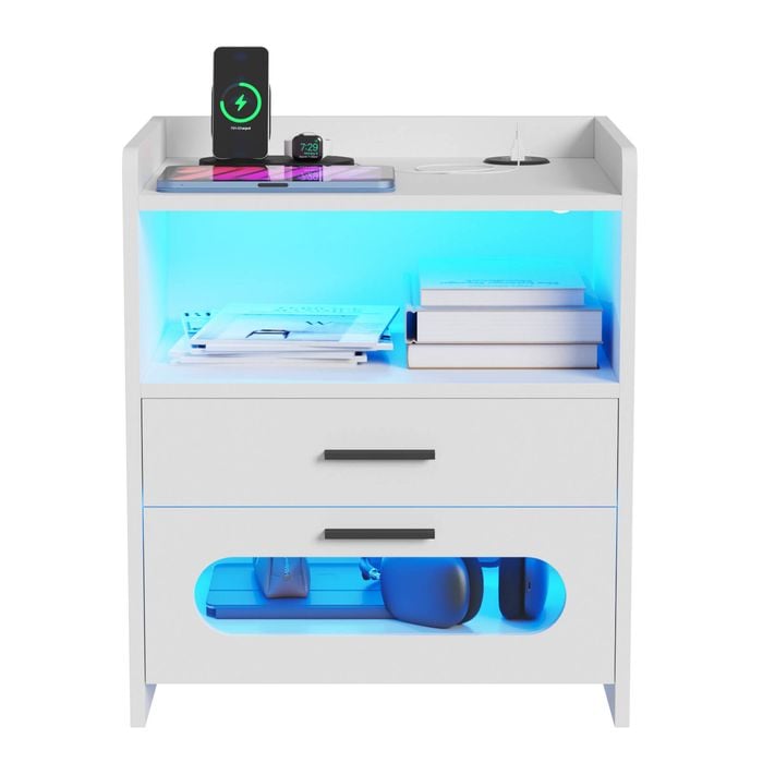 Advwin Bedside Table Wireless Charging Station LED Lights 2 Drawers Storage White