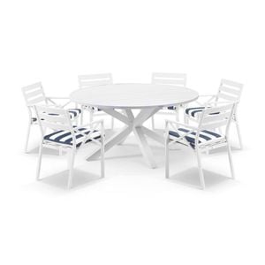 Houston Outdoor 1.5m Round Aluminium Dining Setting White With 6 Kansas Chairs & Navy Stripe Cushions