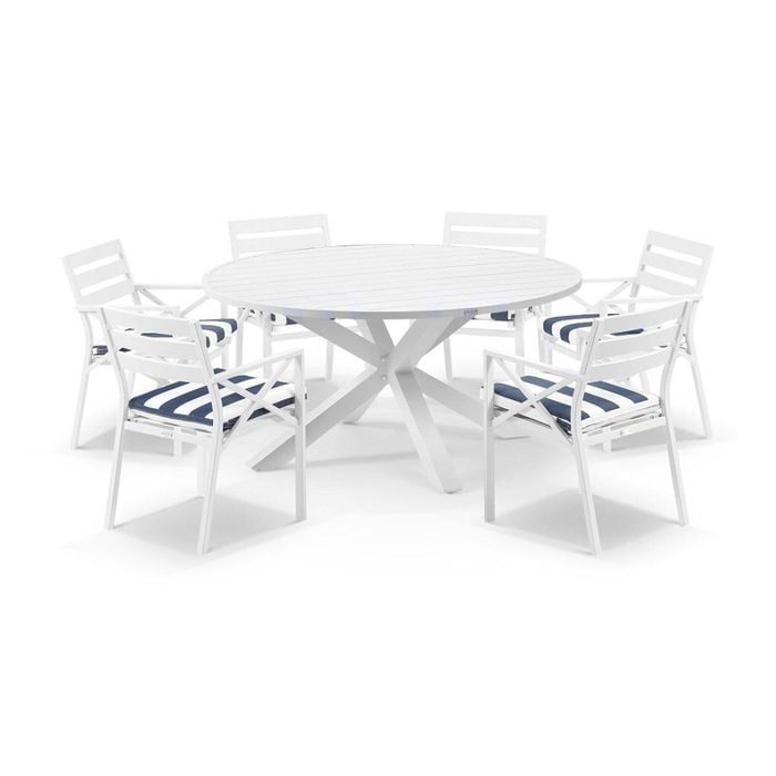 Houston Outdoor 1.5m Round Aluminium Dining Setting White With 6 Kansas Chairs & Navy Stripe Cushions