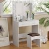 Vanity Desk with Mirror and Stool, Wooden Dressing Table Set with 2 Drawers, 3 Color LED Bulbs Makeup Table for Bedroom, White