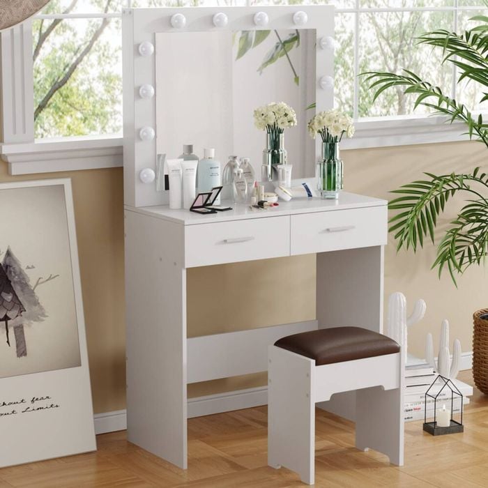 Vanity Desk with Mirror and Stool, Wooden Dressing Table Set with 2 Drawers, 3 Color LED Bulbs Makeup Table for Bedroom, White