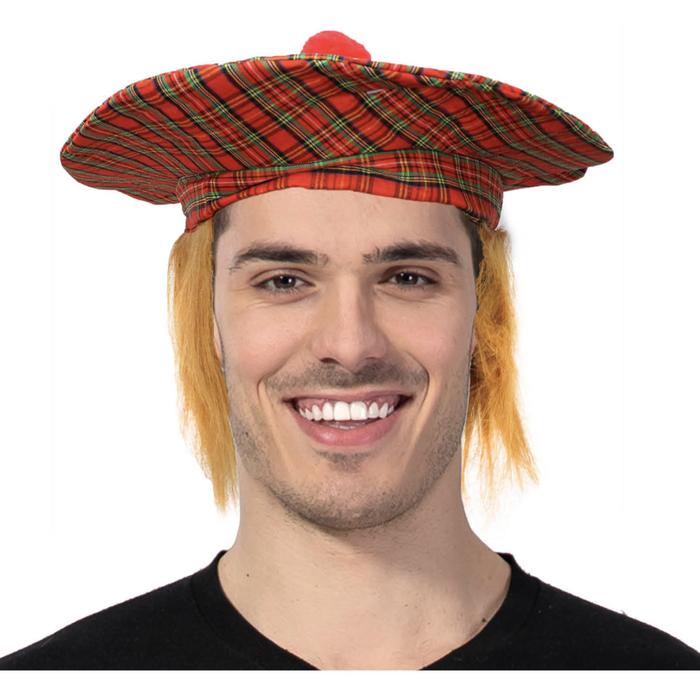 Scottish Hat Tam O'shanter Fancy Dress Costume With Hair Tartan Cap Party