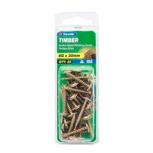 Zenith 8G x 30mm Gold Passivated Timber Button Head Stitching Screw - 25 Pack