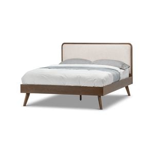 Stella Light Beige Upholstered Walnut Queen Bed Frame