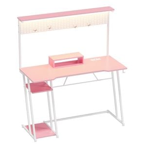 Ufurniture 120cm Gaming Desk With Led Lights & Power Outlets, Computer Desk With Pegboard, Monitor Stand & Shelf, Pink