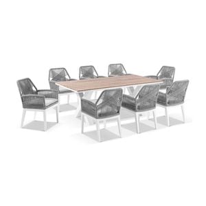 Kansas 2m Outdoor Teak/aluminium Dining Table White With 8 Hugo Chairs & Stone Grey W/textured Olefin Cushions