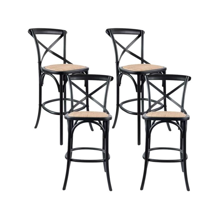 Aster 4pc Crossback Bar Stools Dining Chair Solid Birch Timber Rattan Seat Black