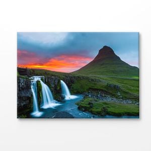 Sunset Over Mountain & Waterfall Print 100% Australian Made 150x100cm (Stretched Canvas)
