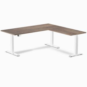Desky Eco L-Shape Sit to Stand Natural Walnut Melamine Desk 180x175cm Left Return White Height Adjustable Leg