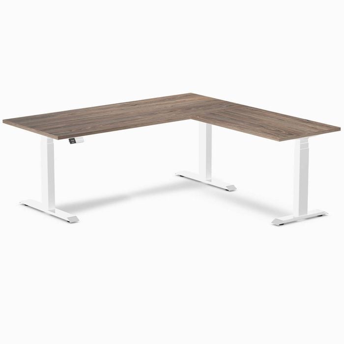 Desky Eco L-Shape Sit to Stand Natural Walnut Melamine Desk 180x175cm Left Return White Height Adjustable Leg