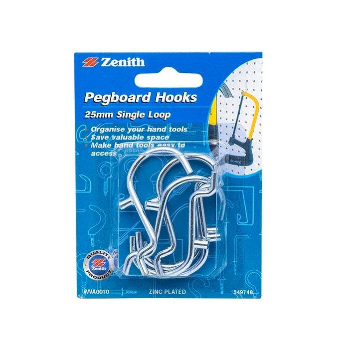 Zenith 25mm Zinc Plated Single Loop Pegboard Hook - 6 Pack
