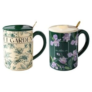 2 Set 400ml Green High-Fired Ceramic Porcelain Mug Set with Lid Tea Spoon Vintage Floral