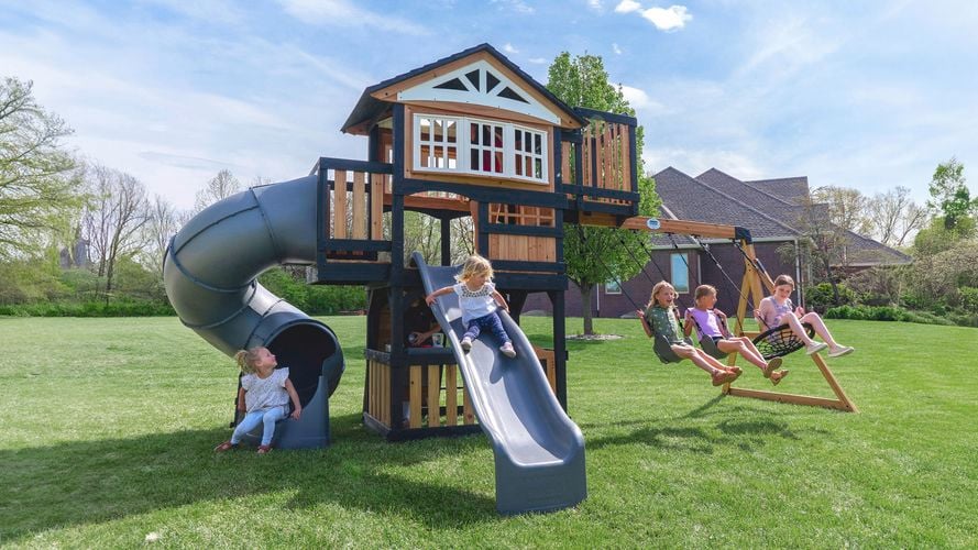 Backyard Discovery Magnolia Falls Cedar Wood Swing Set with Two Slides, Clubhouse, Crow's Nest, and Play Kitchen