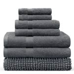 LINENOVA 7 Pieces Cotton Towels Bath Towel Hand Washer Face Cloth Bath Mat Set - Charcoal