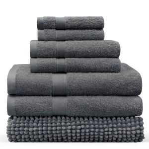 LINENOVA 7 Pieces Cotton Towels Bath Towel Hand Washer Face Cloth Bath Mat Set - Charcoal
