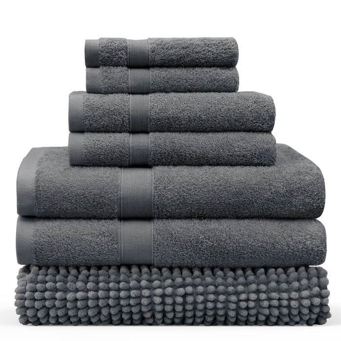 LINENOVA 7 Pieces Cotton Towels Bath Towel Hand Washer Face Cloth Bath Mat Set - Charcoal