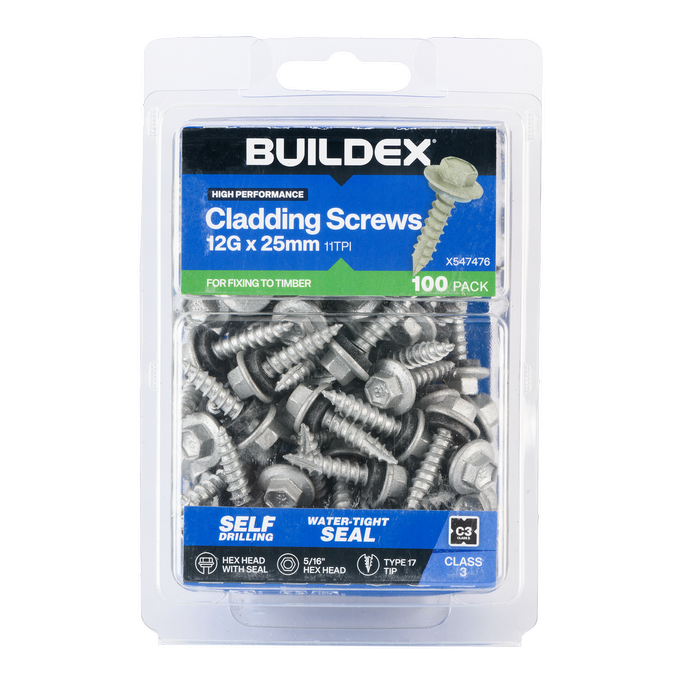 Buildex 12G x 25mm Class 3 Cladding Screws with Seal - 100 Pack ...