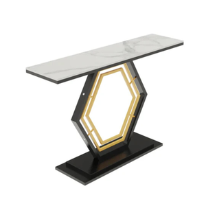 P&P White Geometric Hexagon Base Console Table With Marble Top And Gold/Black Geometric Design