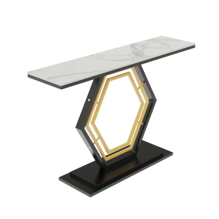 P&P White Geometric Hexagon Base Console Table With Marble Top And Gold/Black Geometric Design