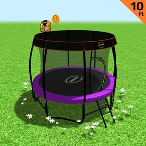 Kahuna Trampoline 10 ft with Basketball Set and Roof - Purple