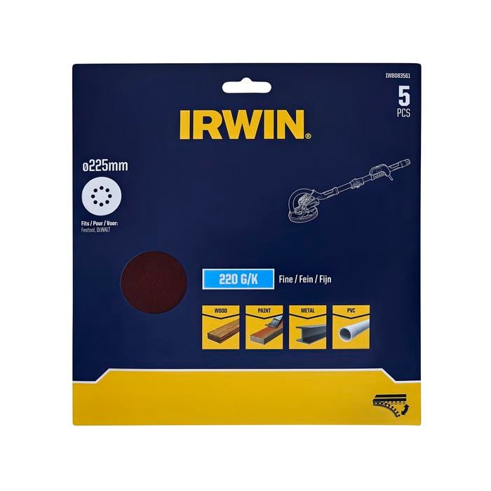 IRWIN 225mm 180 Grit 8 Holes Quick Fit Drywall Discs - 5 Pack