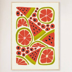 Galrie Vibrant Red Fruits Art Print for Kitchen Decor - Abstract Fruit Collection, Wood Frame, A4 21 x 30cm (8 x 12inch)