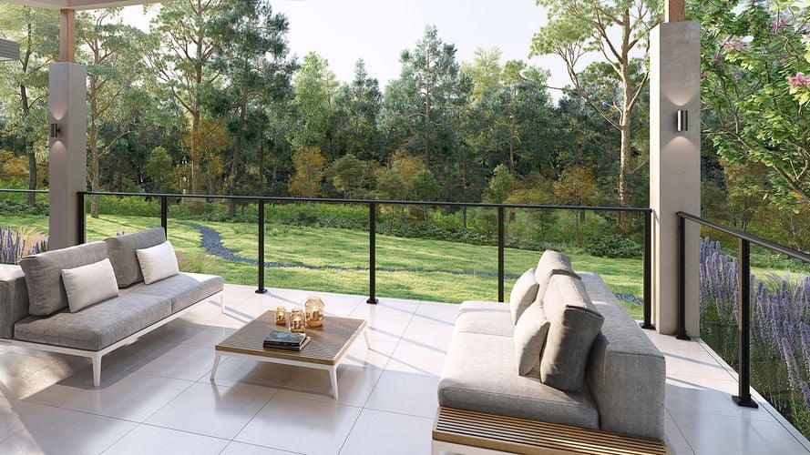 An outdoor lounge area overlooking parkland