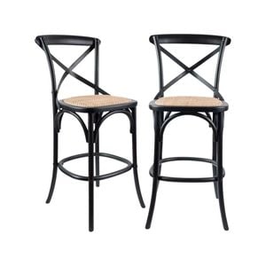 Aster 2pc Crossback Bar Stools Dining Chair Solid Birch Timber Rattan Seat Black