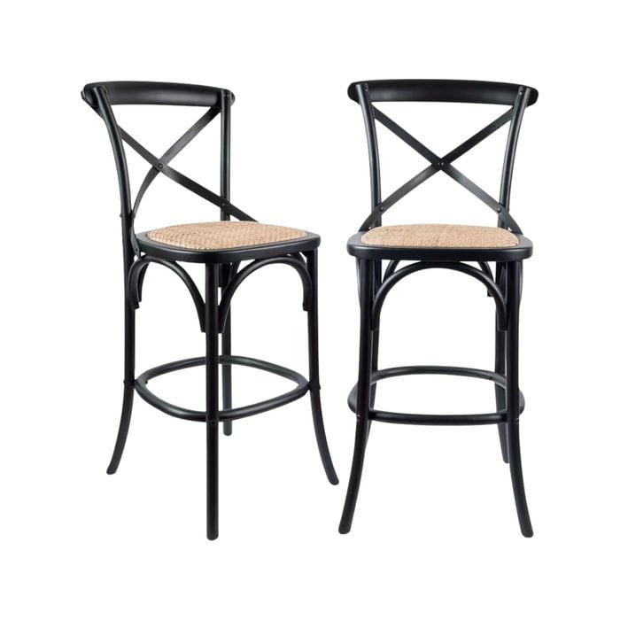 Aster 2pc Crossback Bar Stools Dining Chair Solid Birch Timber Rattan Seat Black