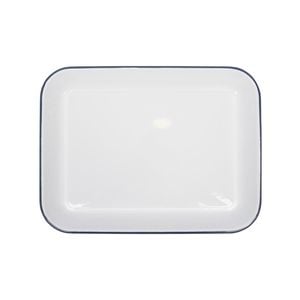 Argon Tableware Enamel Baking Tray - Blue Rim - Lightweight Metal Rectangular Enamel Oven Tray Kitchen Bakeware Flat Cooking Pan