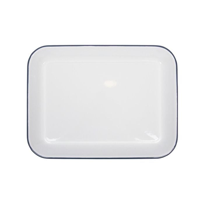Argon Tableware Enamel Baking Tray - Blue Rim - Lightweight Metal Rectangular Enamel Oven Tray Kitchen Bakeware Flat Cooking Pan