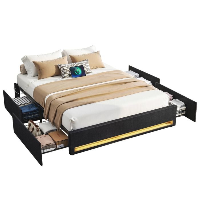 Artiss Double Bed Base with Storage Drawers RGB Lights Charging Station