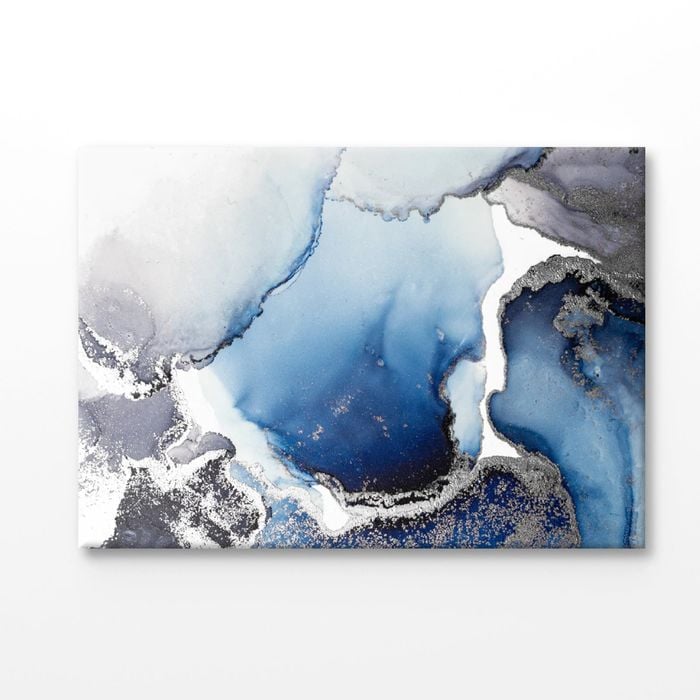 Dark Blue & Silver Fluid Abstract Design Print 100% Australian Made 75x50cm (Stretched Canvas)